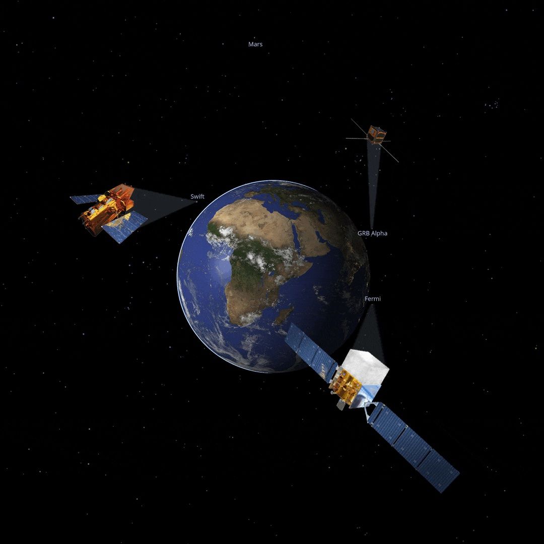 Velké družice a&nbsp;malý nanosatelit. Když Fermi a&nbsp;GRBAlpha detekovali záblesk, observatoř Neila Gehrelse Swifta byla na druhé straně Země a&nbsp;o&nbsp;hodinu později výbuch lokalizovala díky jeho dosvitu. Foto: Francis Reddy/NASA Goddard, University of Maryland