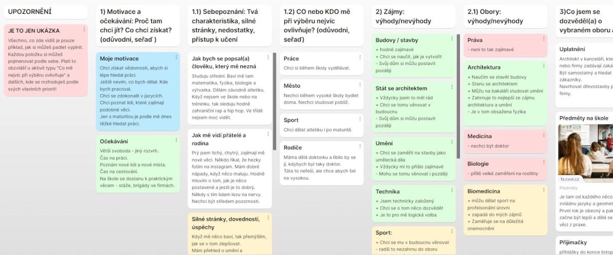 I takto může vypadat práce s&nbsp;virtuální nástěnkou. Klíčové otázky jsou položeny, je jen na uživateli, jak upřímně a&nbsp;precizně si na ně odpoví. 