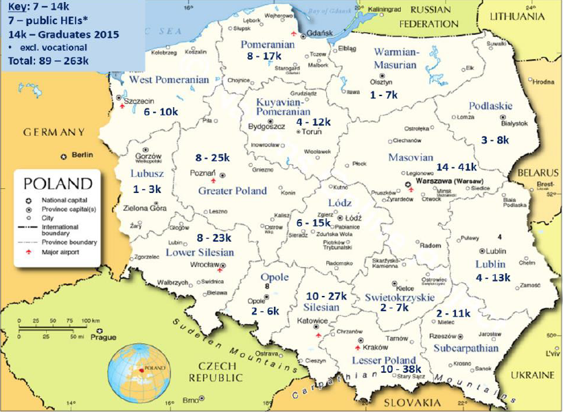 Vysoké školy v&nbsp;Polsku: počet institucí a&nbsp;absolventů v&nbsp;jednotlivých regionech.