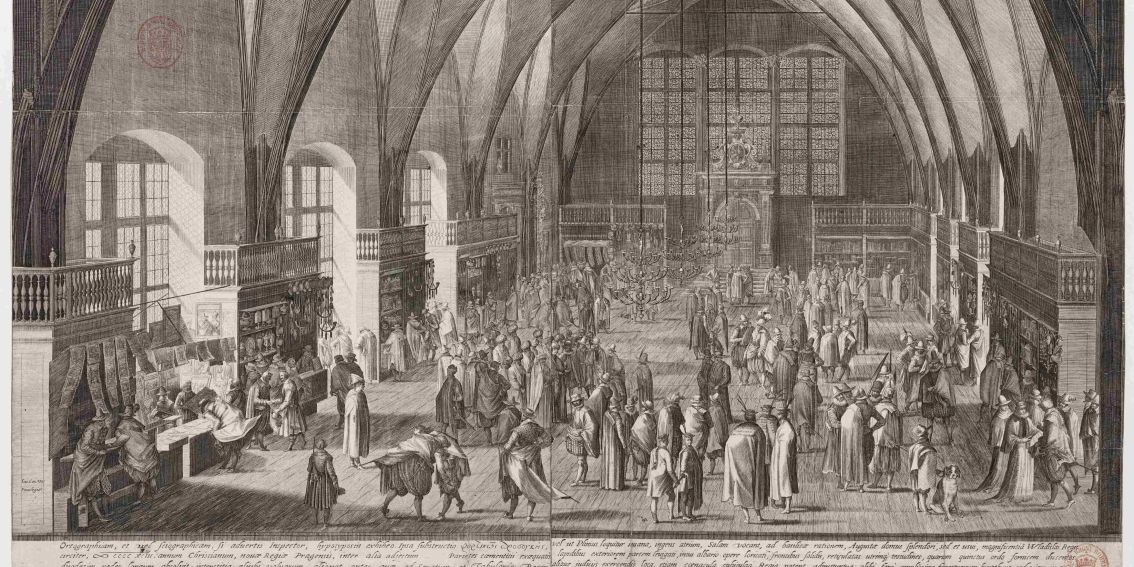 Sadelerova rytina 1607 zobrazuje Vladislavský sál Pražského hradu jako obchodní místo s luxusním zbožím-