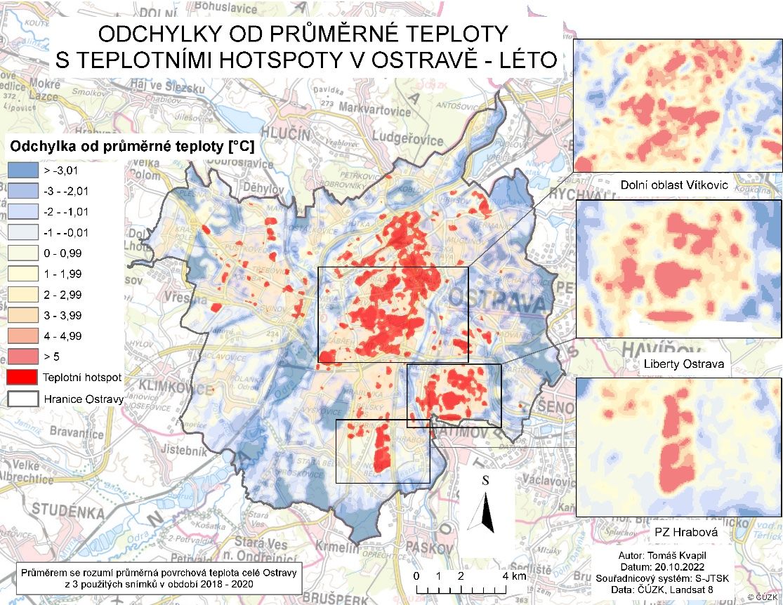 Tepelné hotspoty města Ostravy v letním období. Obr.: VŠB-TUO