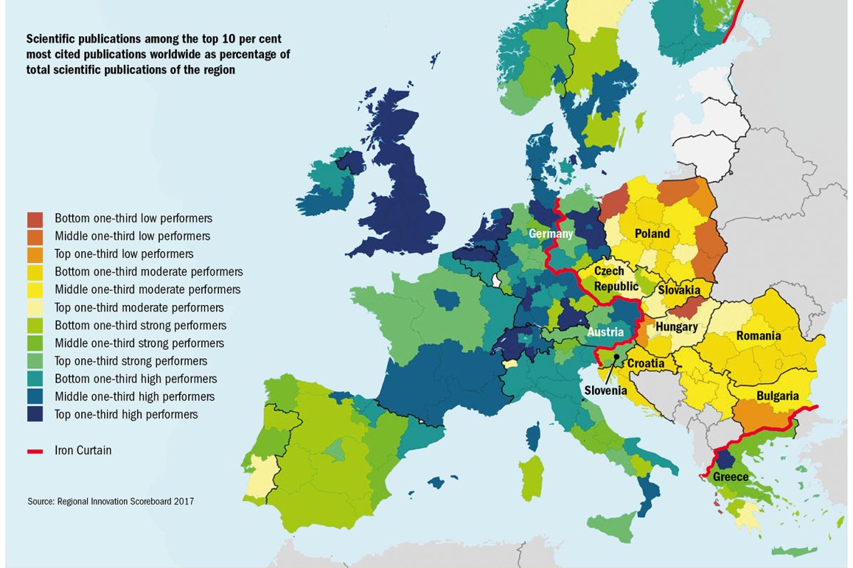 Vědecké publikace mezi horními deseti procenty nejcitovanějších publikací na světě jako procento všech vědeckých publikací v&nbsp;regionu // Legenda barvy odshora: Spodní třetina regionů se špatnými výsledky/Prostřední třetina regionů se špatnými výsledky/Horní třetina regionů se špatnými výsledky/Spodní třetina regionů s&nbsp;průměrnými výsledky/Prostřední třetina regionů s&nbsp;průměrnými výsledky/Horní třetina regionů s&nbsp;průměrnými výsledky/Spodní třetina regionů s&nbsp;dobrými výsledky/Prostřední třetina regionů s&nbsp;dobrými výsledky/Horní třetina regionů s&nbsp;dobrými výsledky/Spodní třetina regionů s&nbsp;vynikajícími výsledky/Prostřední třetina regionů s&nbsp;vynikajícími výsledky/Horní třetina regionů s&nbsp;vynikajícími výsledky. Červená linka: Železná opona.