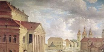 Historický obraz povodně na nábřeží řeky Něvy.