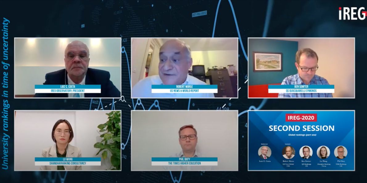 Na konferenci Žebříčky univerzit v době nejistoty diskutovali i zástupci nejvlivnějších akademických žebříčků, QS, Šanghajského či THE, kteří jsou obvykle konkurenty. Screenshot z on-line konference.
