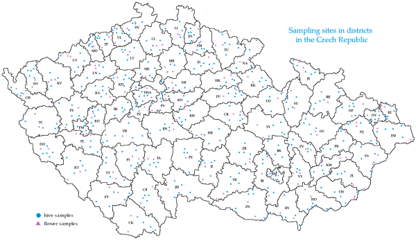 Mapa: Sběr včel v okresech České republiky pro genovou databázi (Knoll a kol. 2025)