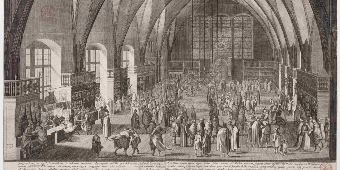 Sadelerova rytina 1607 zobrazuje Vladislavský sál Pražského hradu jako obchodní místo s luxusním zbožím-